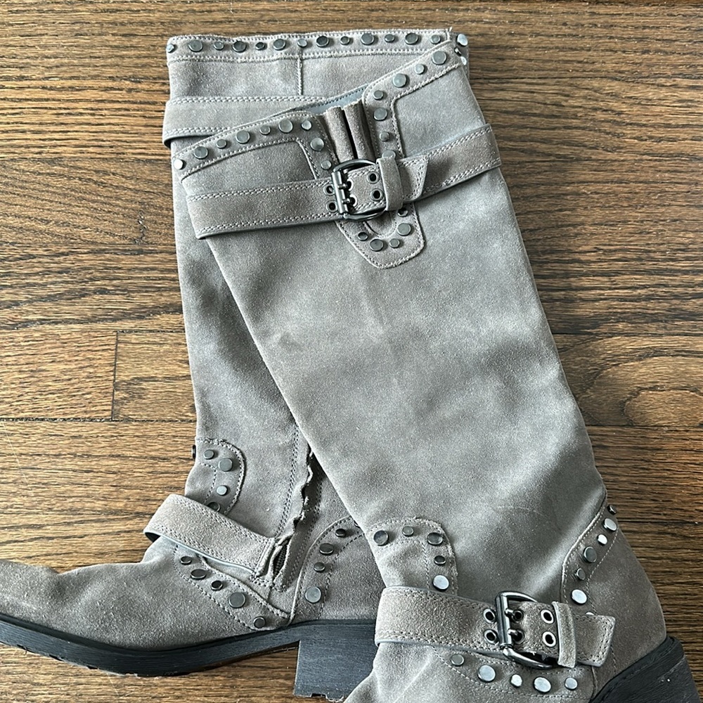 Sam Edelman Deryn Extra Rugged Distressed Discolored Studded Moto Suede Boots - Picture 6 of 17